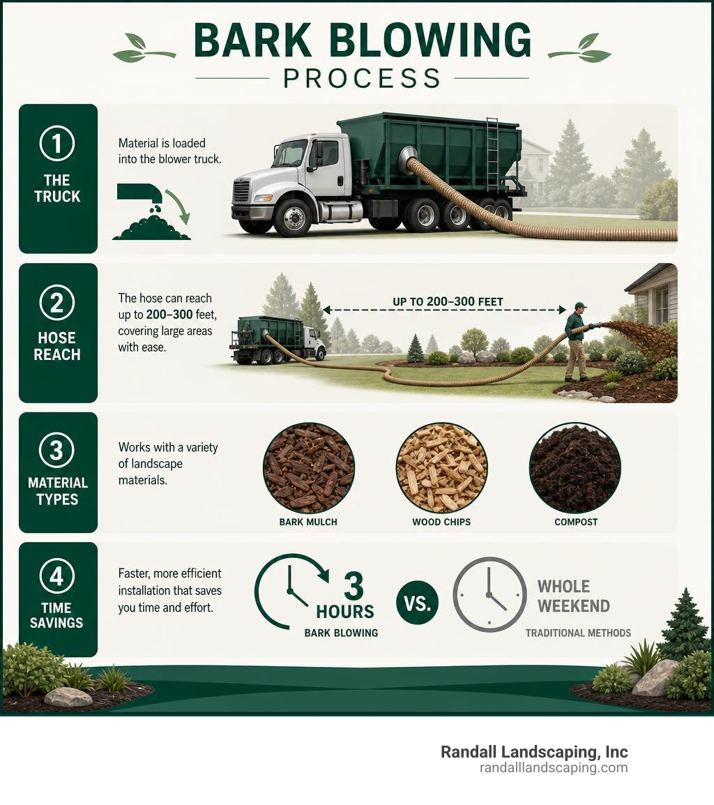 Bark blowing process infographic showing truck, hose reach, material types, and time savings infographic