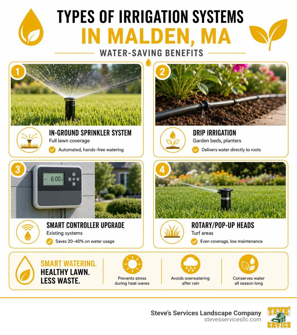 Infographic showing types of irrigation systems in Malden MA and their water-saving benefits infographic Infographic showing types of irrigation systems in Malden MA and their water-saving benefits infographic