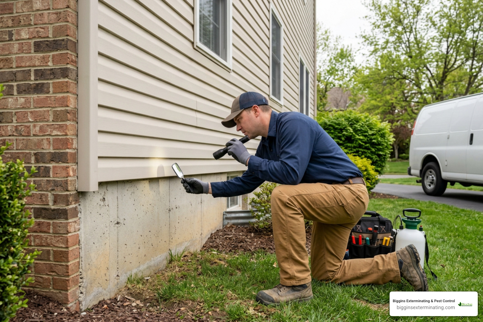 Professional pest control technician inspecting the foundation of a home for pests