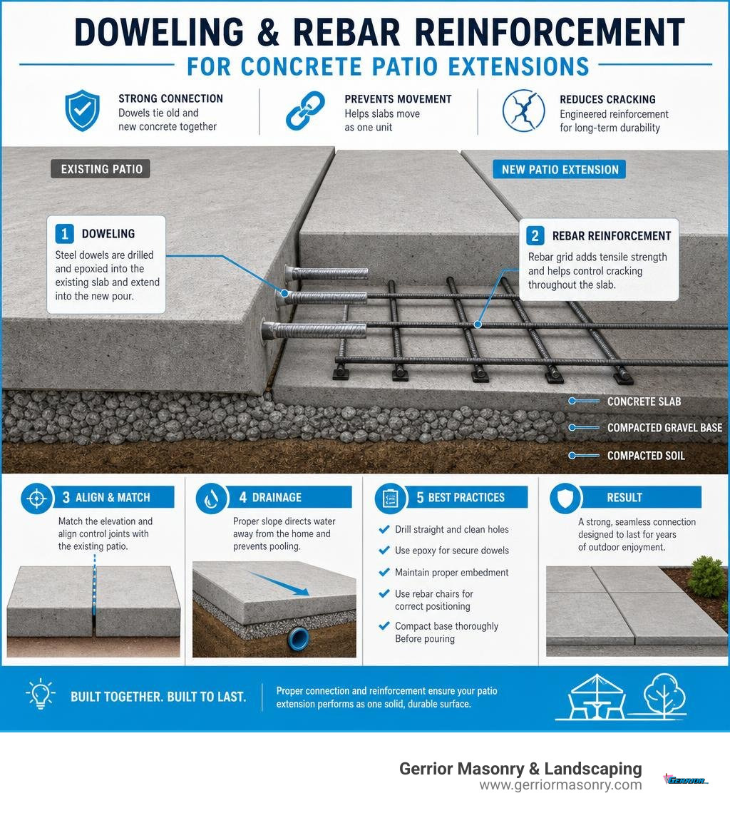 Technical diagram of doweling and rebar reinforcement in concrete patio extensions infographic Technical diagram of doweling and rebar reinforcement in concrete patio extensions infographic