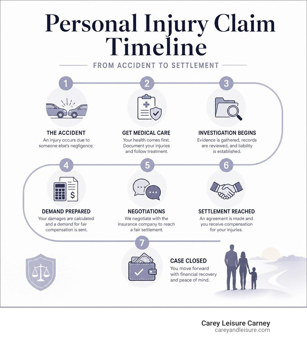 personal injury claim timeline infographic showing steps from accident to settlement infographic