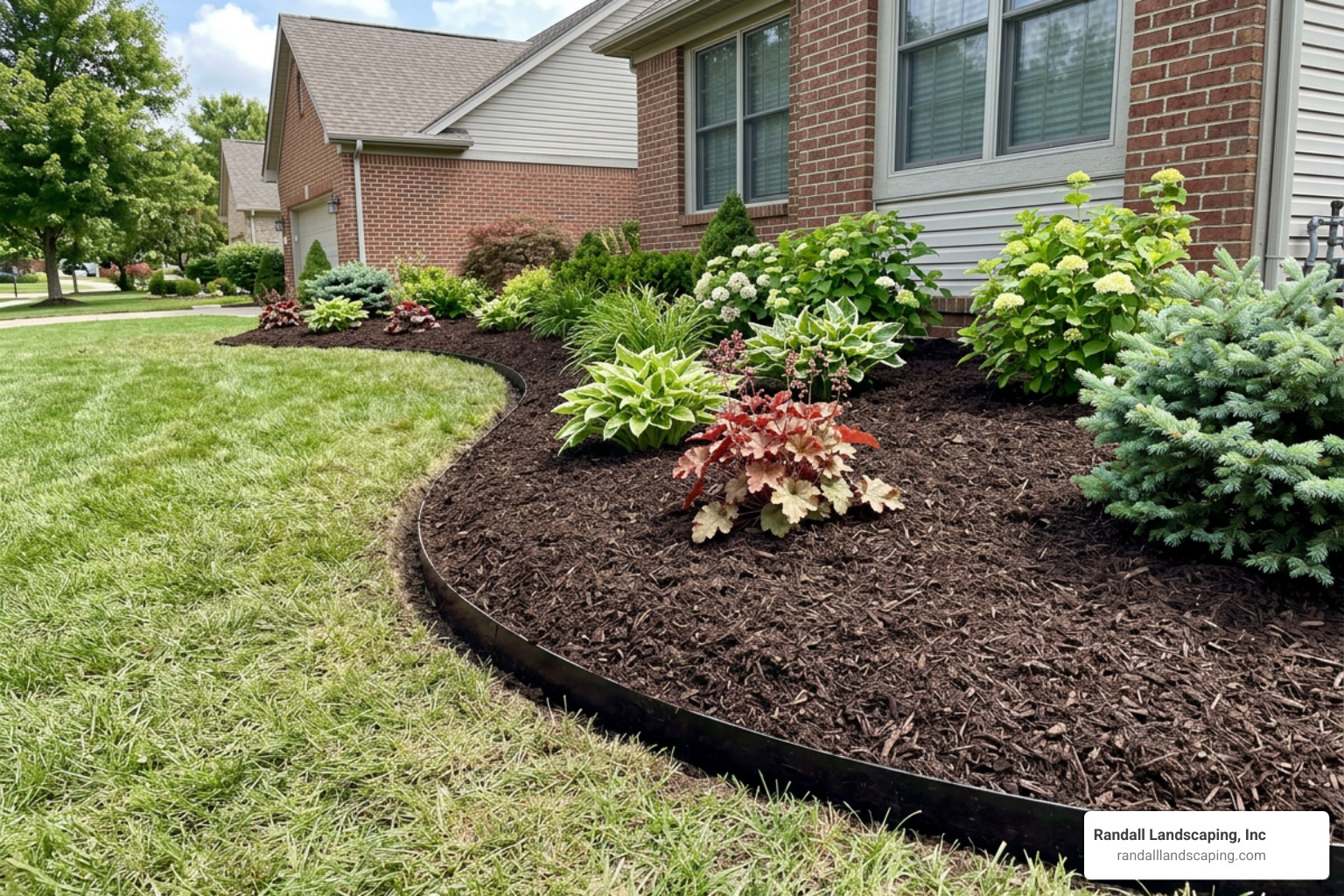 Neatly mulched garden bed with perfect crisp edges after bark blowing