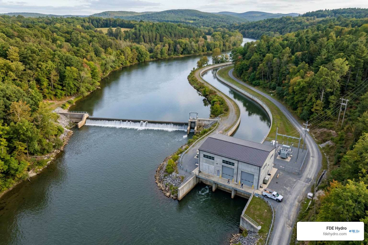 A run-of-the-river hydroelectric facility showing a low-head dam and a diversion canal bypassing the main riverbed A run-of-the-river hydroelectric facility showing a low-head dam and a diversion canal bypassing the main riverbed