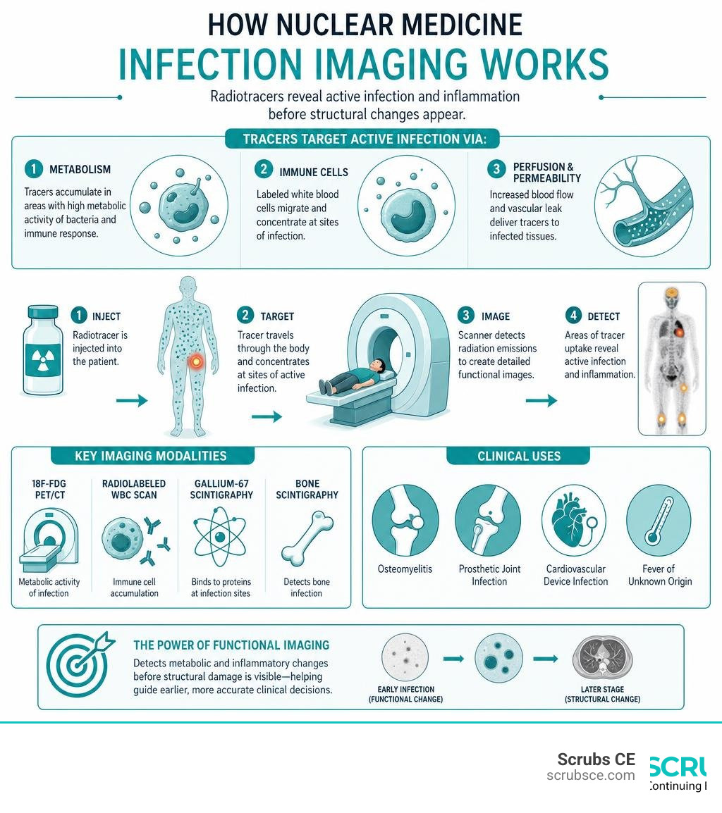 Infographic showing how nuclear medicine infection imaging works: tracers target active infection via metabolism, immune Infographic showing how nuclear medicine infection imaging works: tracers target active infection via metabolism, immune