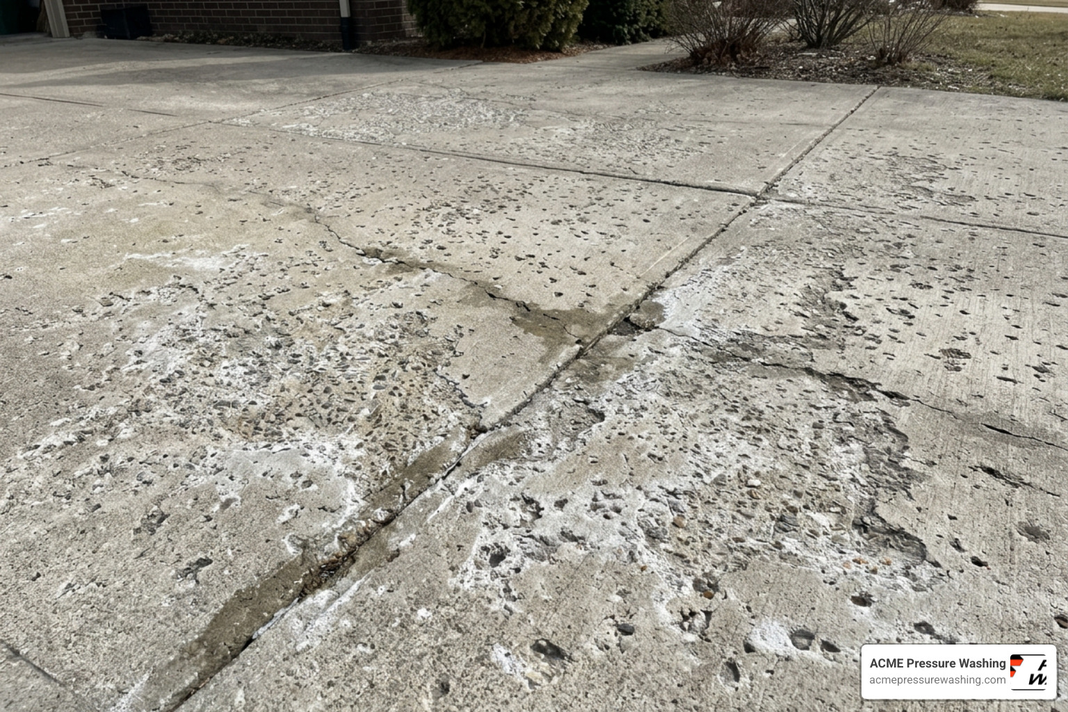 Driveway surface showing damage from winter road salt and freeze-thaw cycles