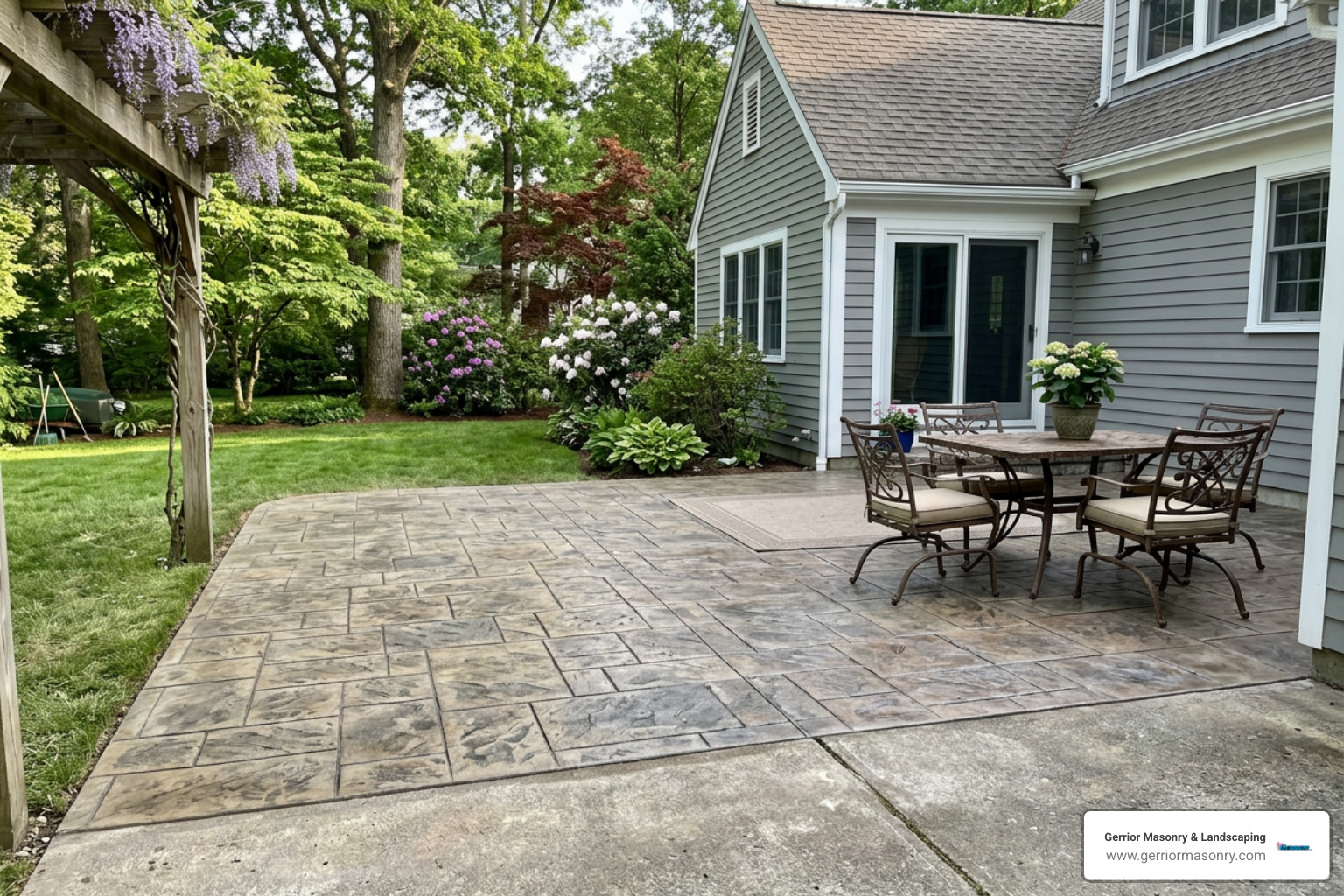 Stamped concrete finish on an extended patio in Lexington, MA Stamped concrete finish on an extended patio in Lexington, MA