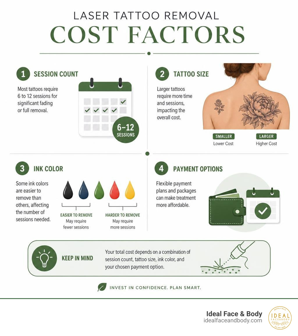 Infographic showing laser tattoo removal cost factors: session count, tattoo size, ink color, and payment options infographic Infographic showing laser tattoo removal cost factors: session count, tattoo size, ink color, and payment options infographic