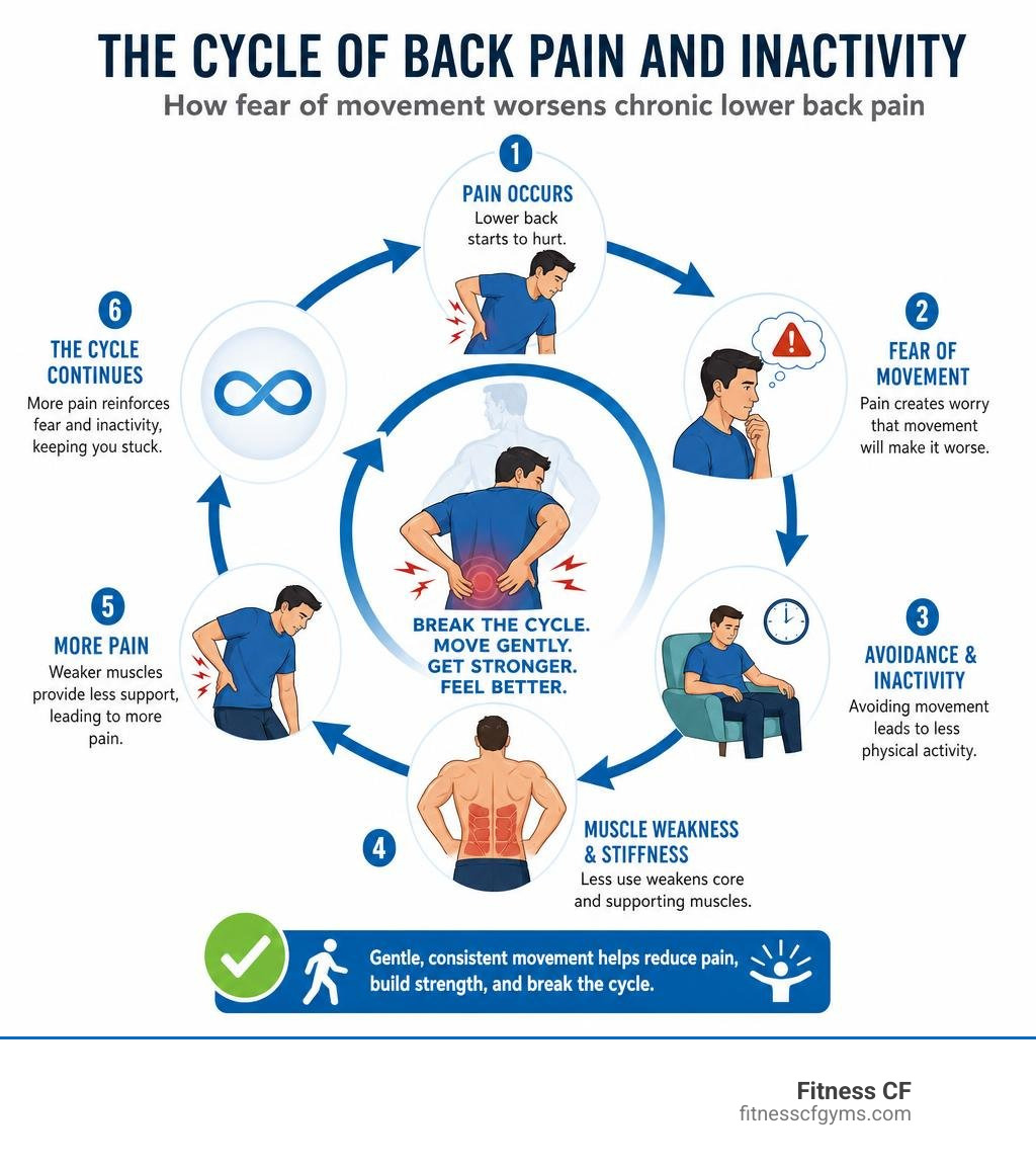 Cycle of back pain and inactivity — how fear of movement worsens chronic lower back pain infographic Cycle of back pain and inactivity — how fear of movement worsens chronic lower back pain infographic