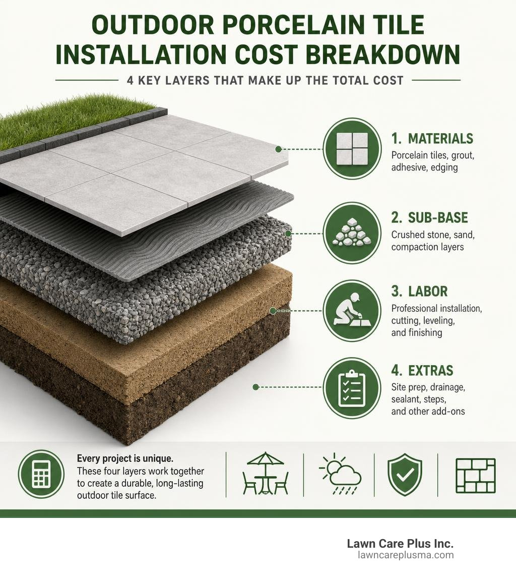 Infographic showing cost breakdown layers for outdoor porcelain tile installation: materials, sub-base, labor, and extras Infographic showing cost breakdown layers for outdoor porcelain tile installation: materials, sub-base, labor, and extras