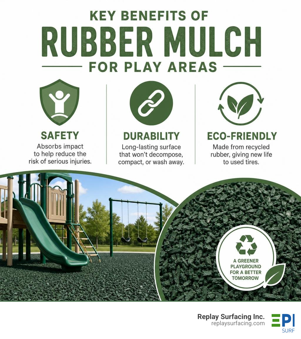 Key benefits of rubber mulch for play areas including safety, durability, and eco-friendliness infographic