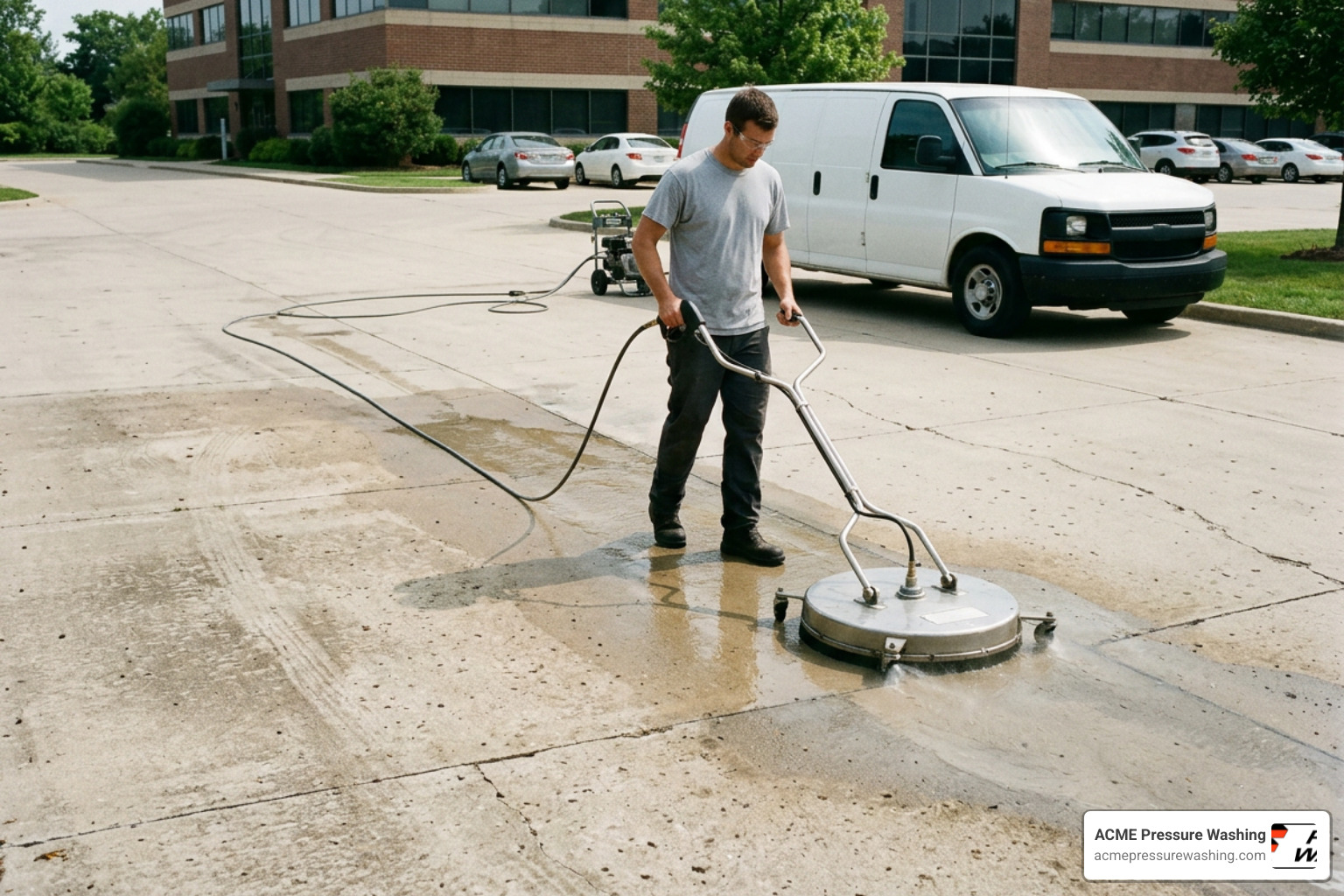 Professional rotary surface cleaner operating on a large concrete commercial driveway