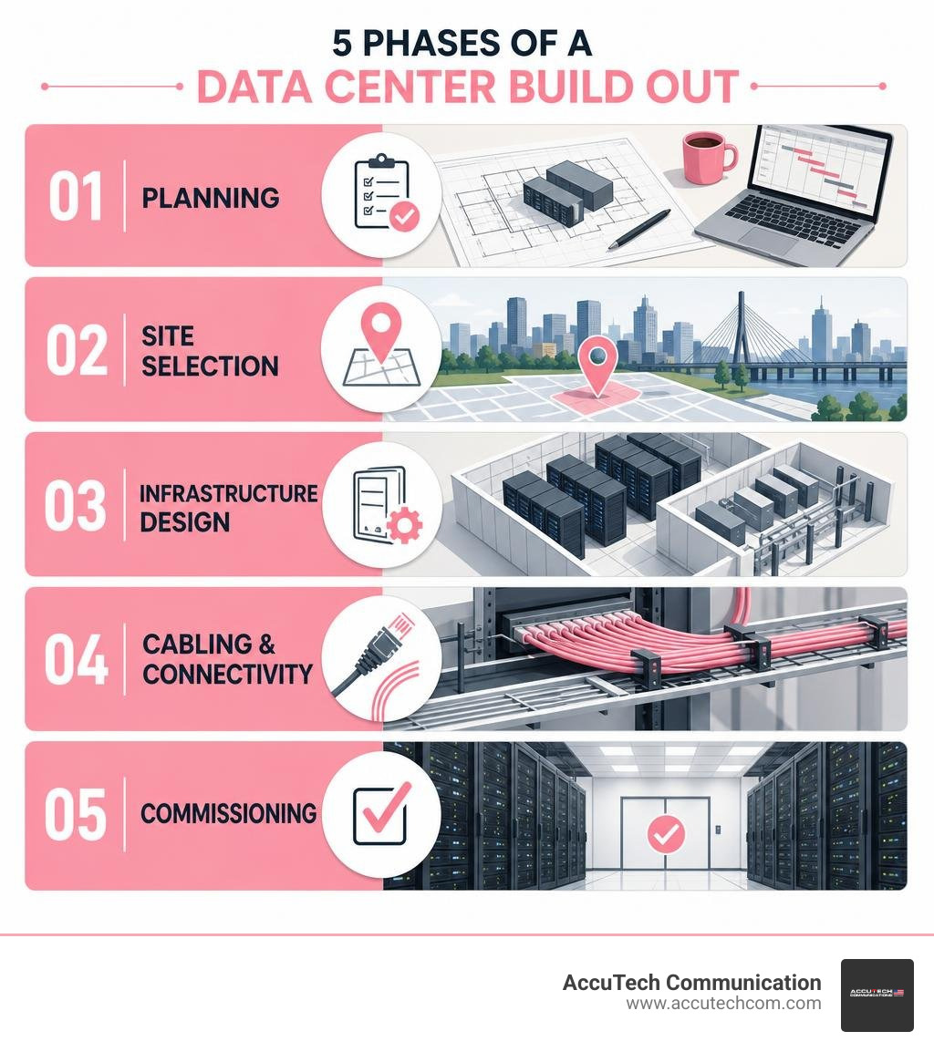 Infographic showing the five phases of a data center build out: planning, site selection, infrastructure design, cabling and Infographic showing the five phases of a data center build out: planning, site selection, infrastructure design, cabling and