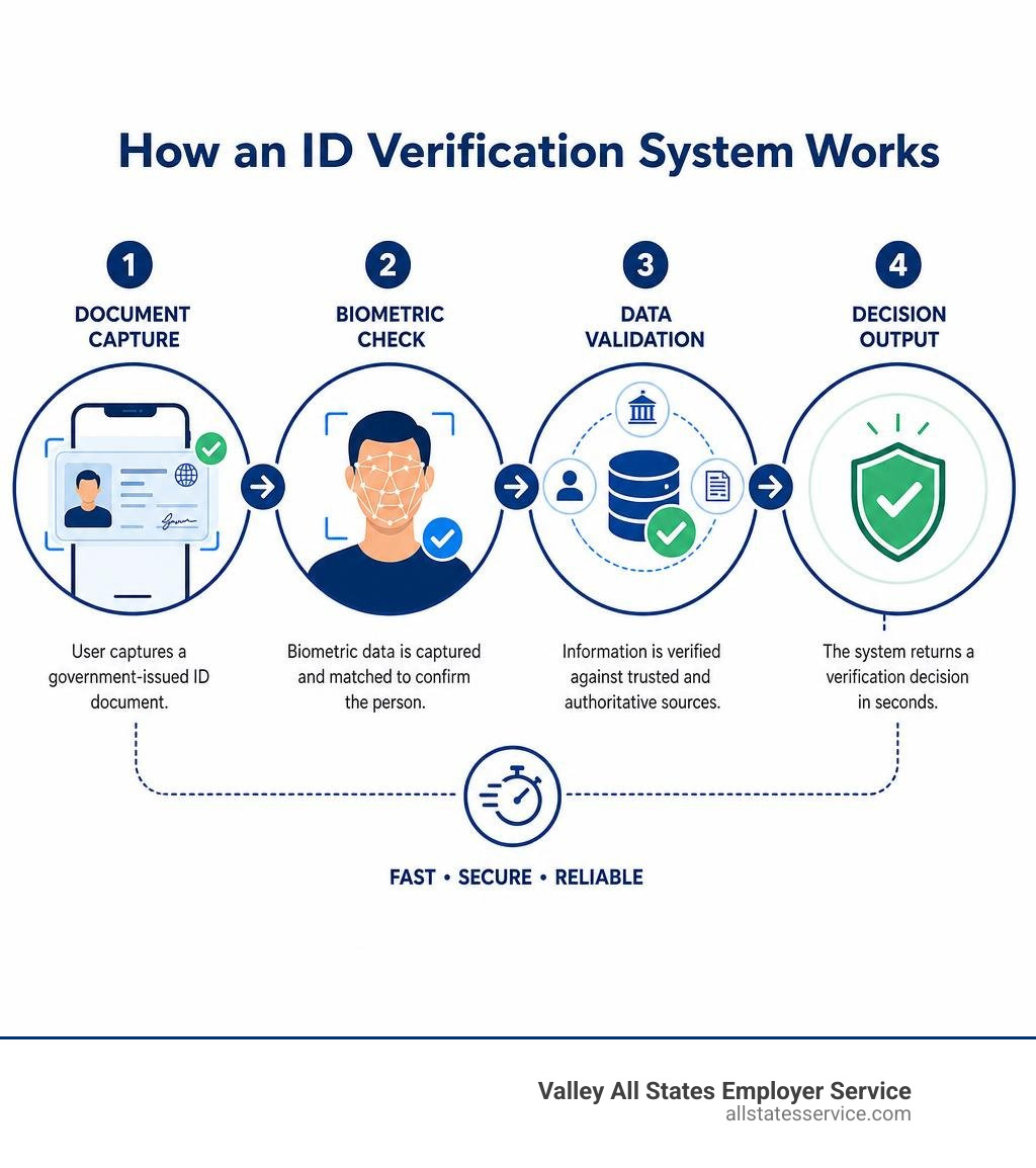 How an ID verification system works: document capture, biometric check, data validation, decision output infographic How an ID verification system works: document capture, biometric check, data validation, decision output infographic