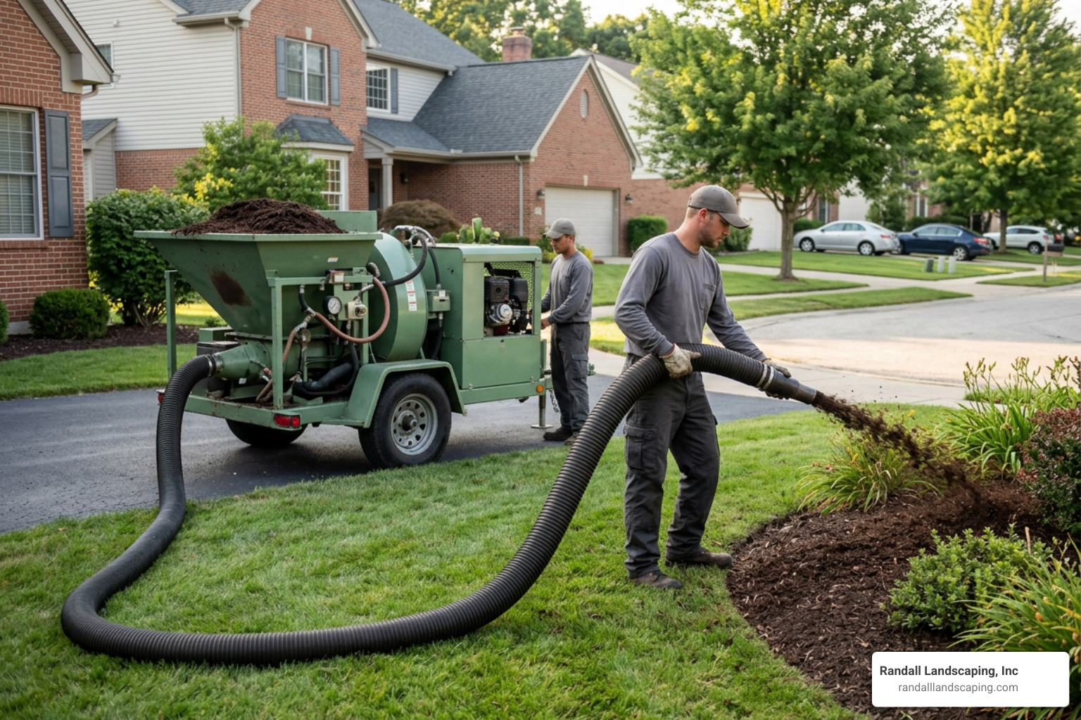 Pneumatic bark blower machine with flexible hose setup in a residential yard