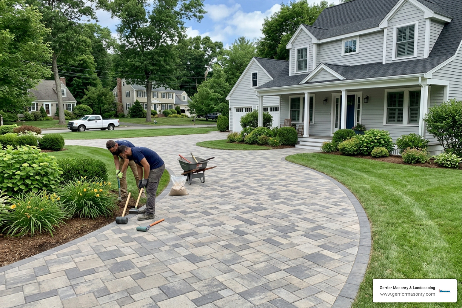 modern paver driveway installation in Andover, MA