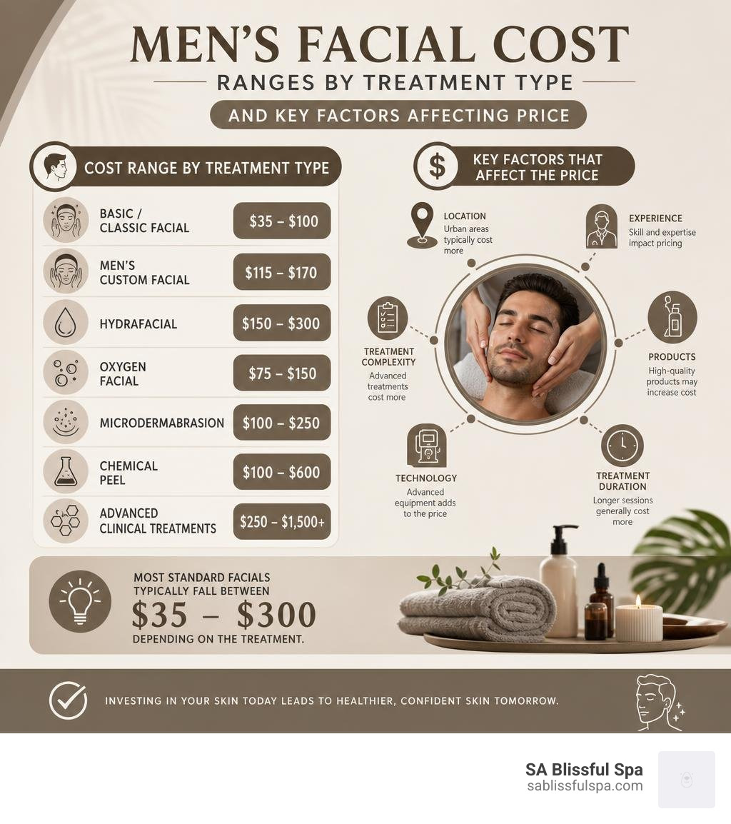 infographic showing men's facial cost ranges by treatment type and key factors affecting price infographic