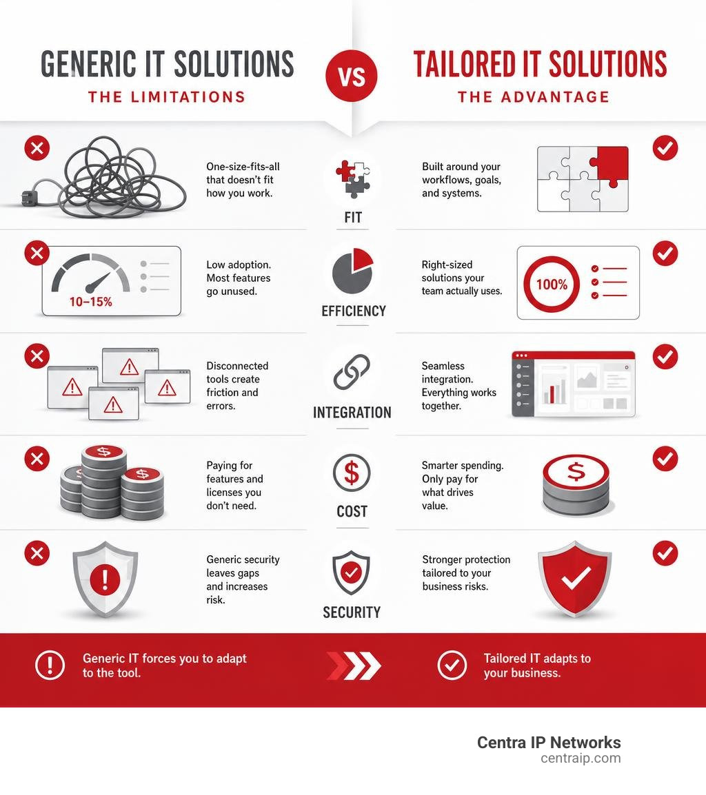 Infographic showing limitations of generic IT vs tailored IT solutions for business infographic Infographic showing limitations of generic IT vs tailored IT solutions for business infographic