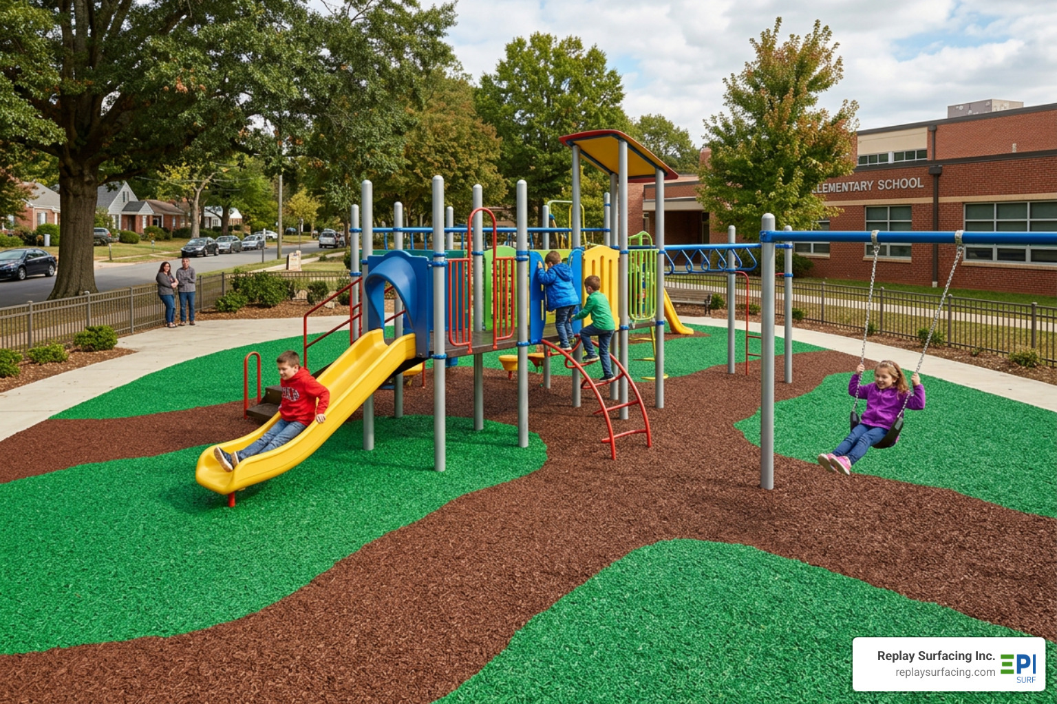 Vibrant green and brown rubber mulch installed around a school playground in Charlotte North Carolina