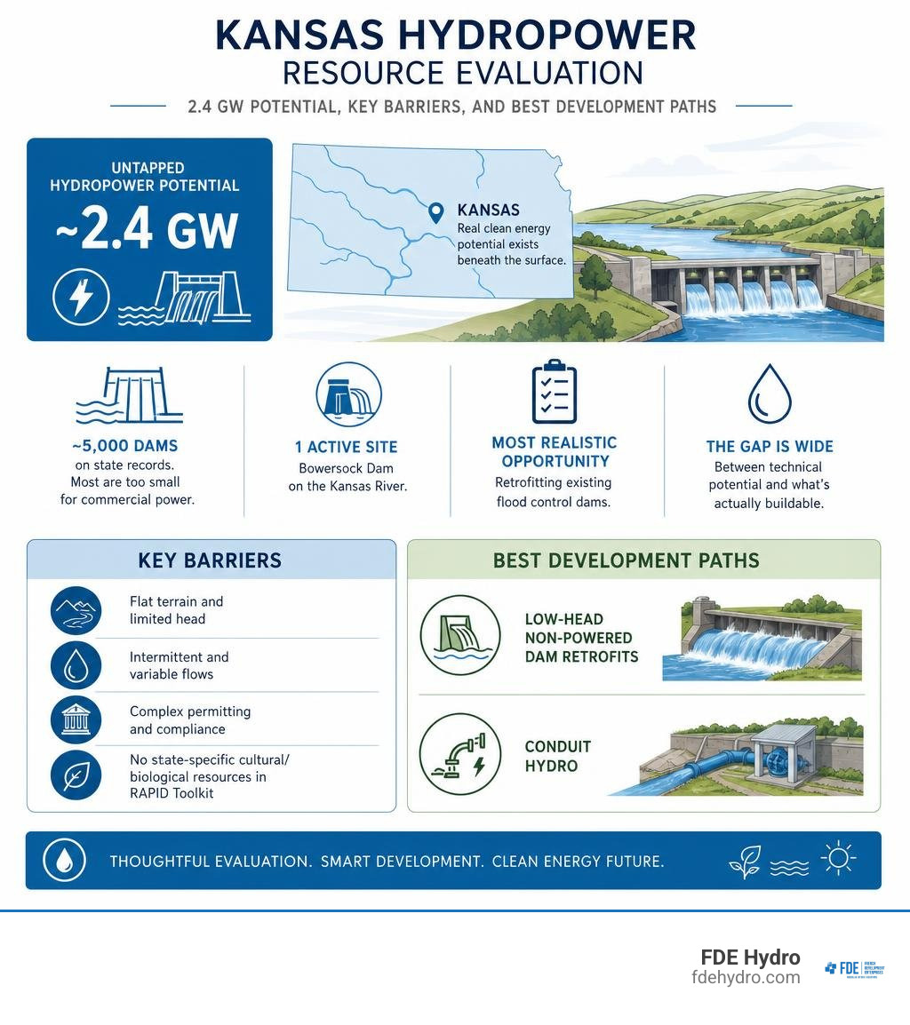 Kansas hydropower resource evaluation infographic: 2.4 GW potential, key barriers, and best development paths infographic