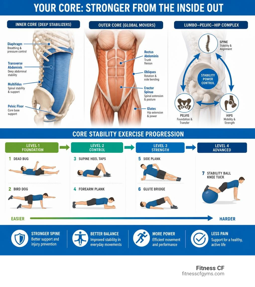 Core anatomy infographic showing inner and outer core muscles, lumbo-pelvic-hip complex, and exercise progression levels