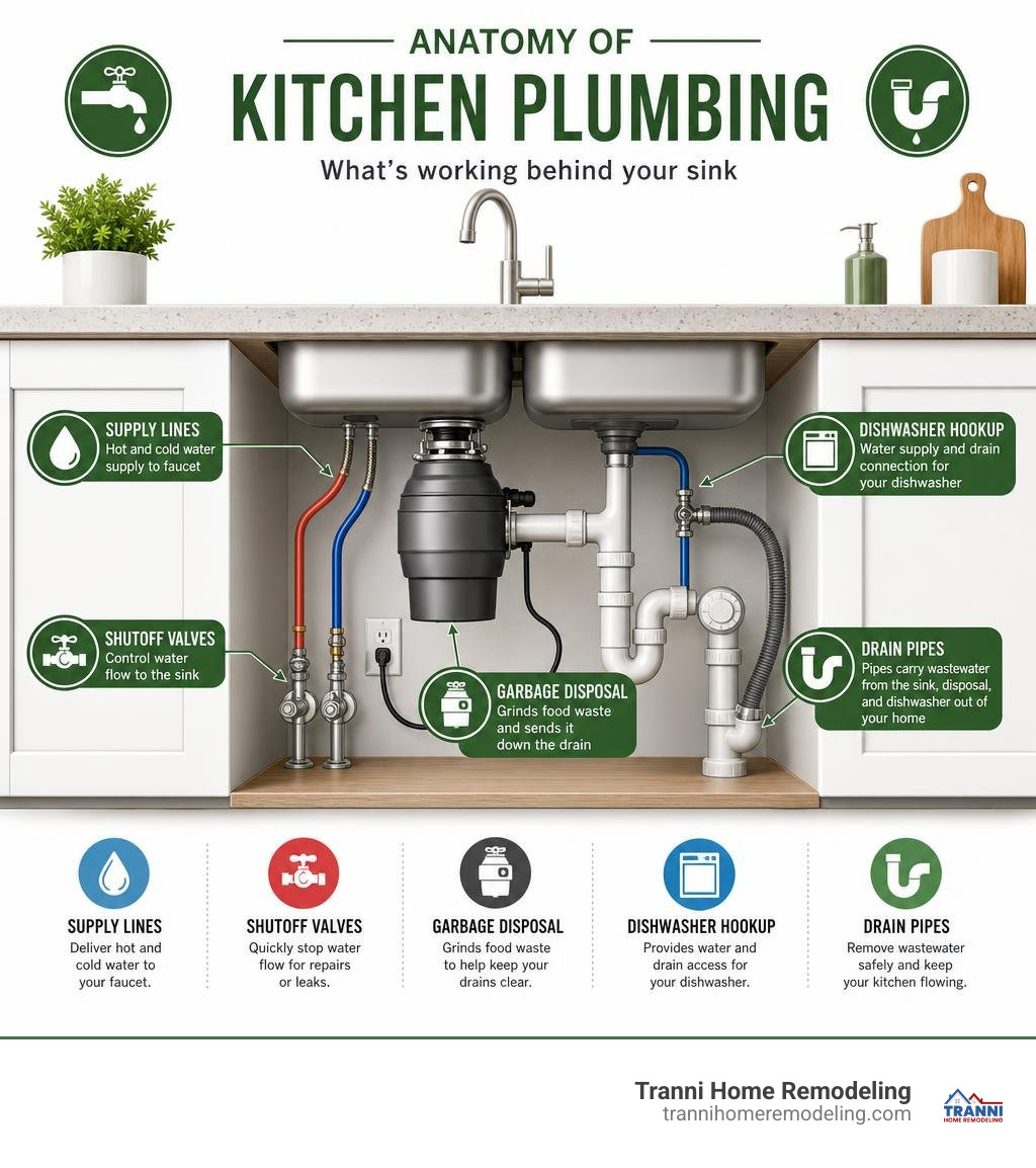 Anatomy of kitchen plumbing infographic showing supply lines, drain pipes, garbage disposal, dishwasher hookup, and shutoff Anatomy of kitchen plumbing infographic showing supply lines, drain pipes, garbage disposal, dishwasher hookup, and shutoff