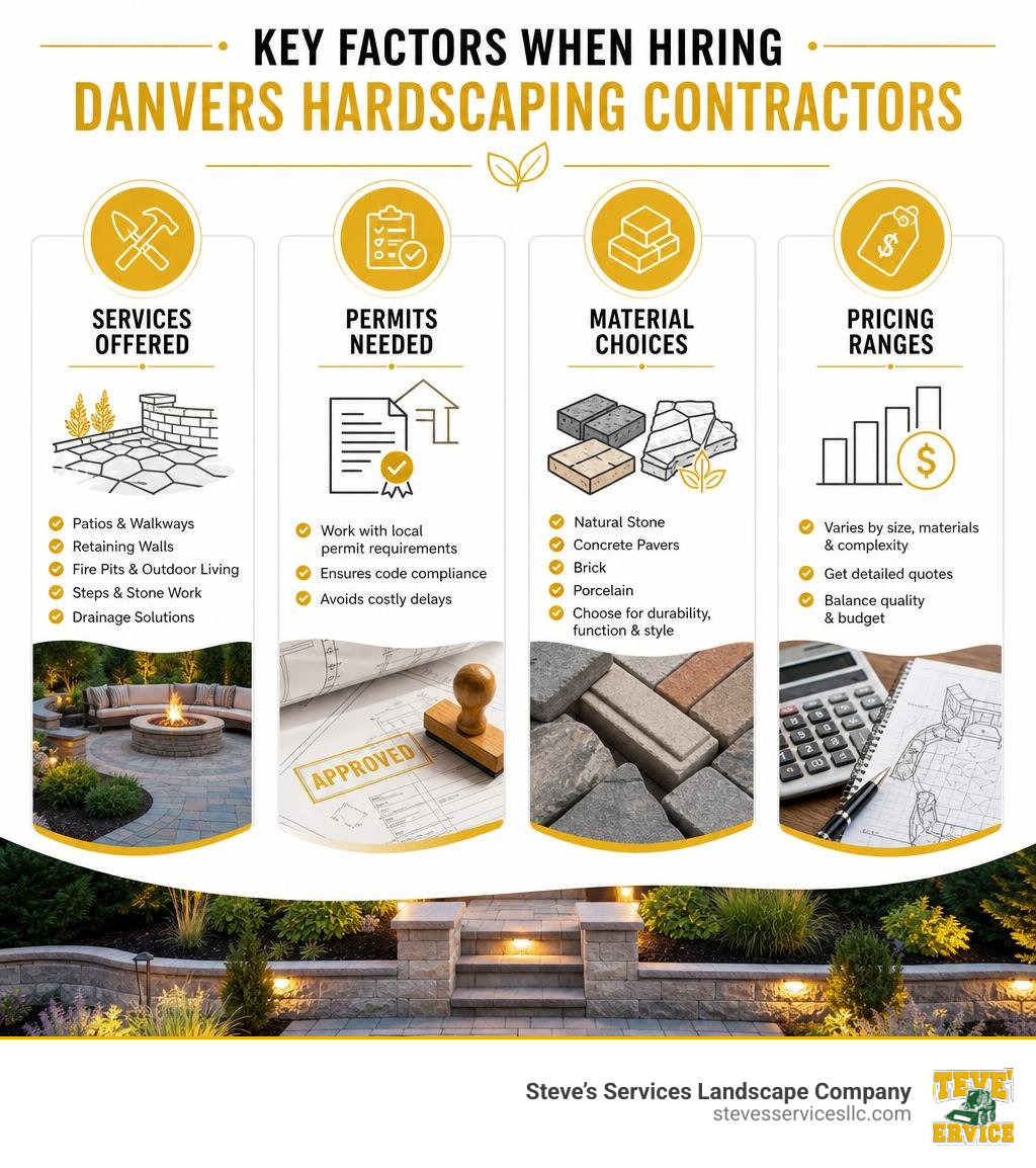 Infographic showing key factors when hiring Danvers hardscaping contractors: services offered, permits needed, material Infographic showing key factors when hiring Danvers hardscaping contractors: services offered, permits needed, material