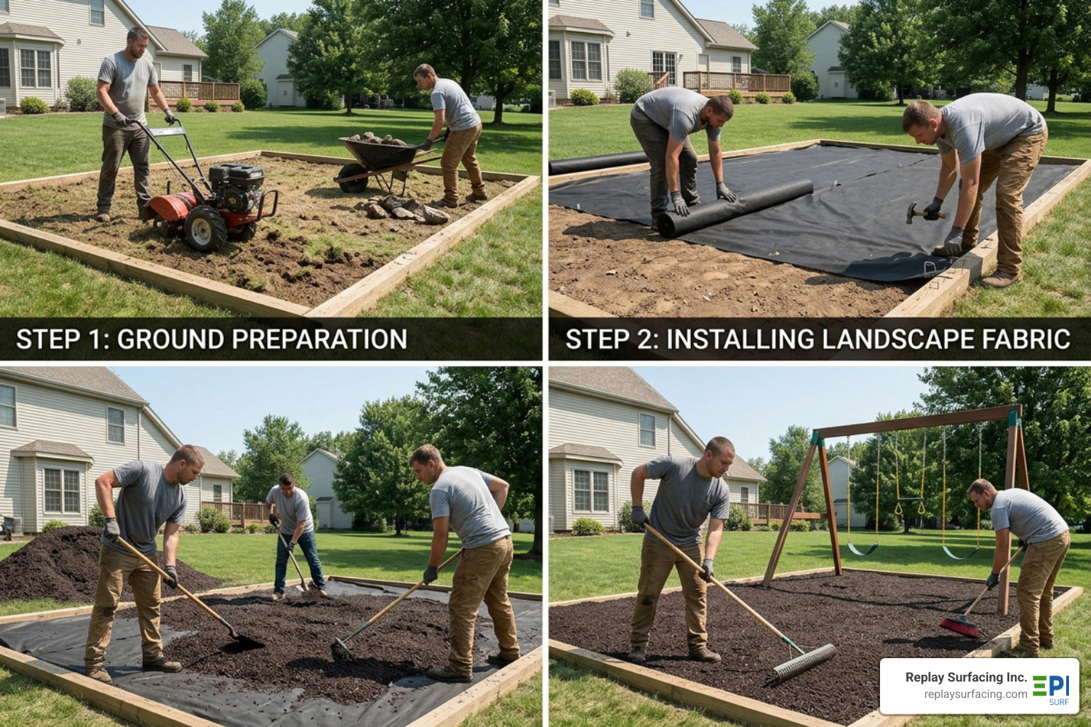 A step-by-step visual of preparing the ground, laying fabric, and spreading rubber mulch