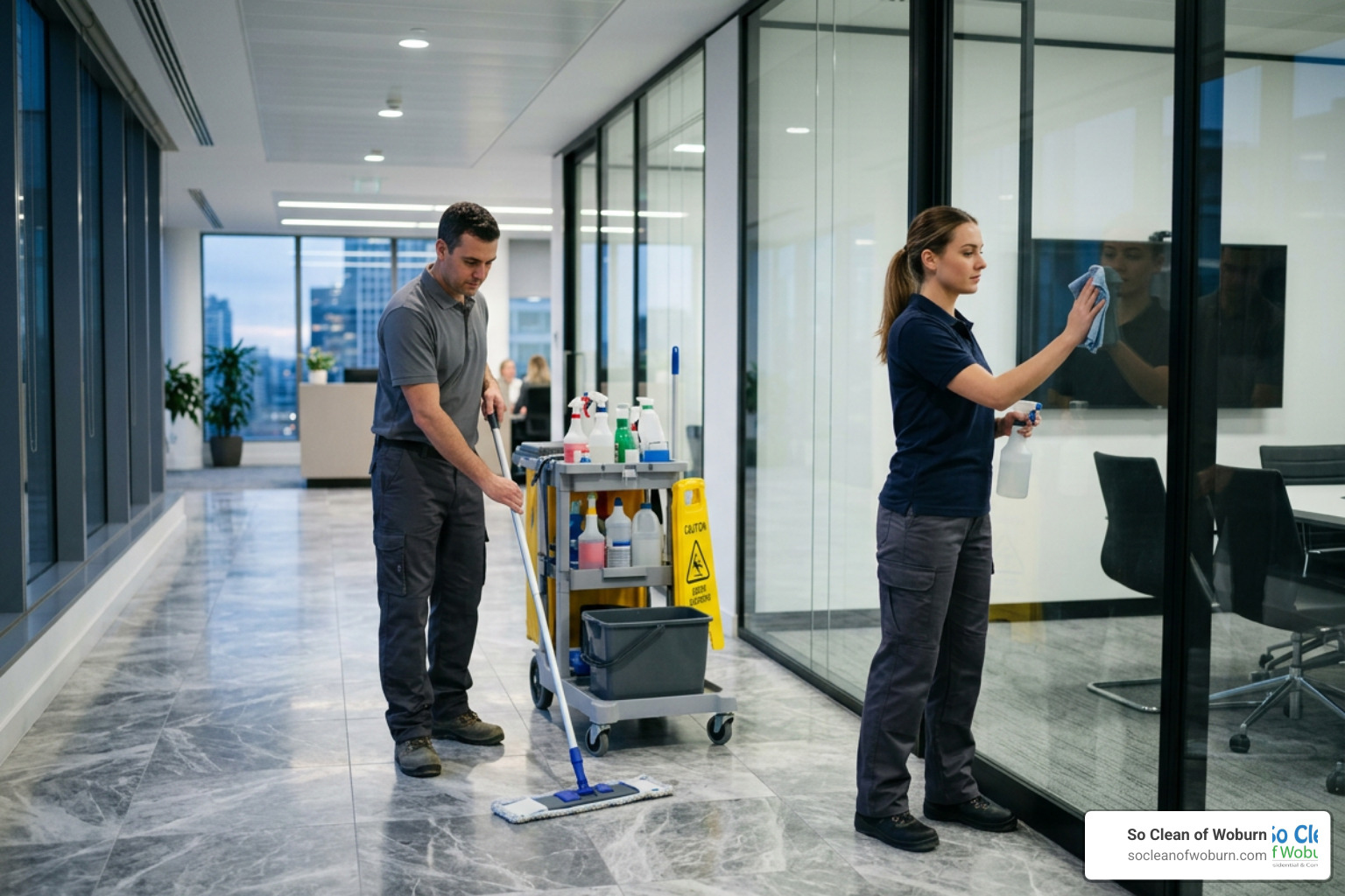 Professional janitors cleaning a commercial space Professional janitors cleaning a commercial space