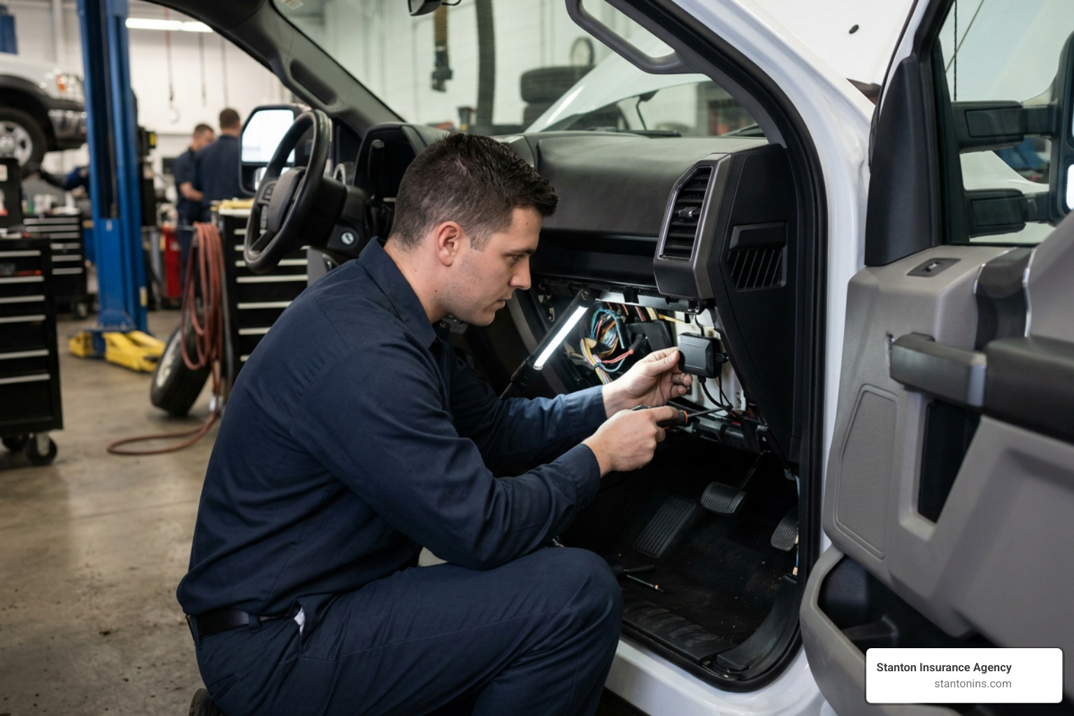 technician installing telematics GPS tracking device in commercial work truck technician installing telematics GPS tracking device in commercial work truck