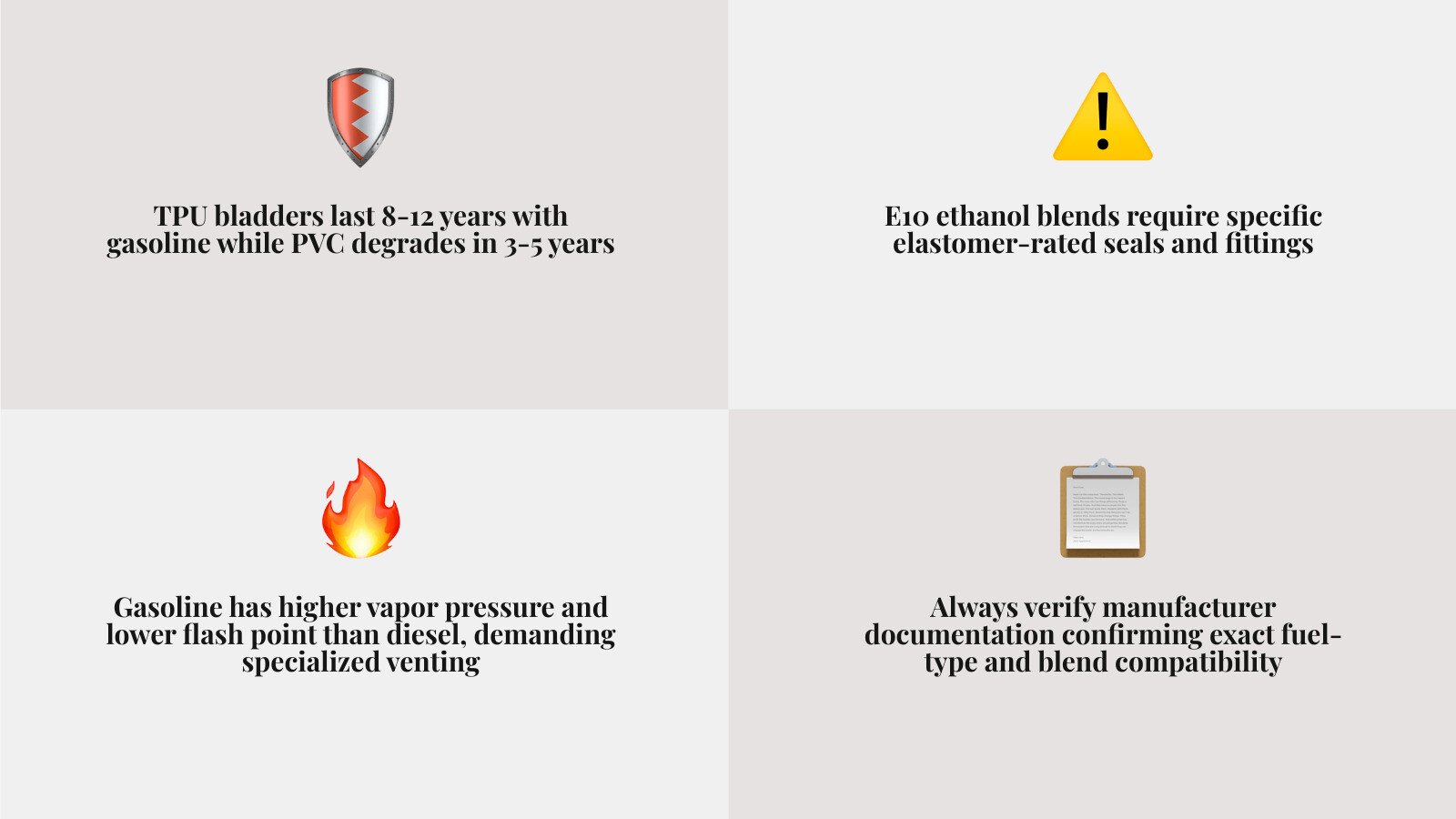 Fuel bladder gasoline compatibility overview: materials, ethanol blends, components, and lifespan comparison infographic Fuel bladder gasoline compatibility overview: materials, ethanol blends, components, and lifespan comparison infographic