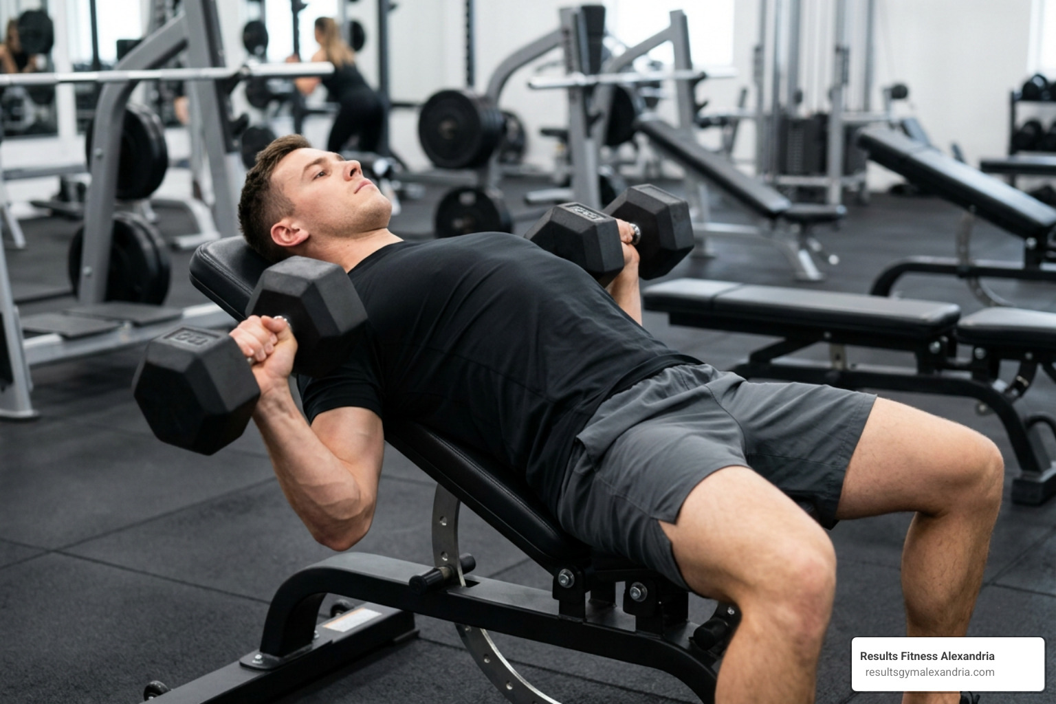 dumbbell chest press showing increased range of motion