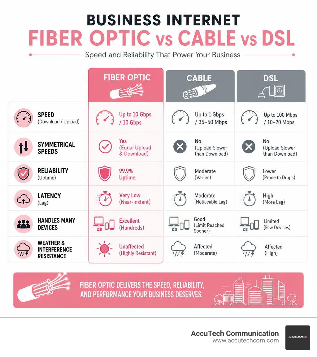 Infographic comparing business fiber optic speeds and reliability against cable and DSL infographic