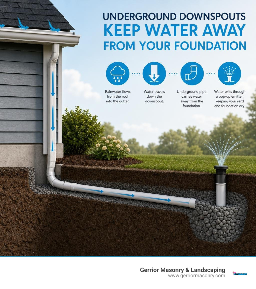 Infographic showing how underground downspouts redirect roof water away from foundation through buried pipe to pop-up