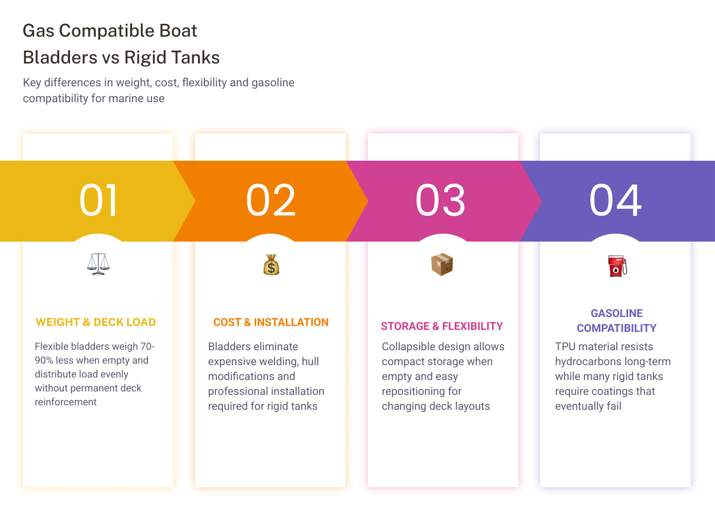 Infographic comparing flexible gas compatible boat bladders vs rigid fuel tanks: cost, weight, storage, deployment, and Infographic comparing flexible gas compatible boat bladders vs rigid fuel tanks: cost, weight, storage, deployment, and