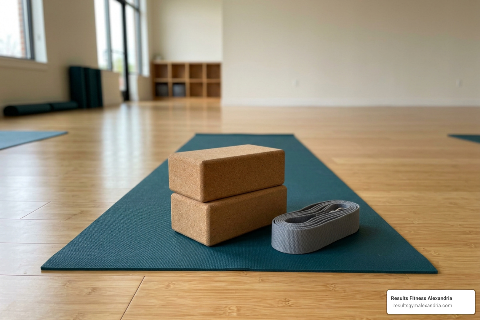 Essential props like blocks, straps, and a yoga mat for beginner classes
