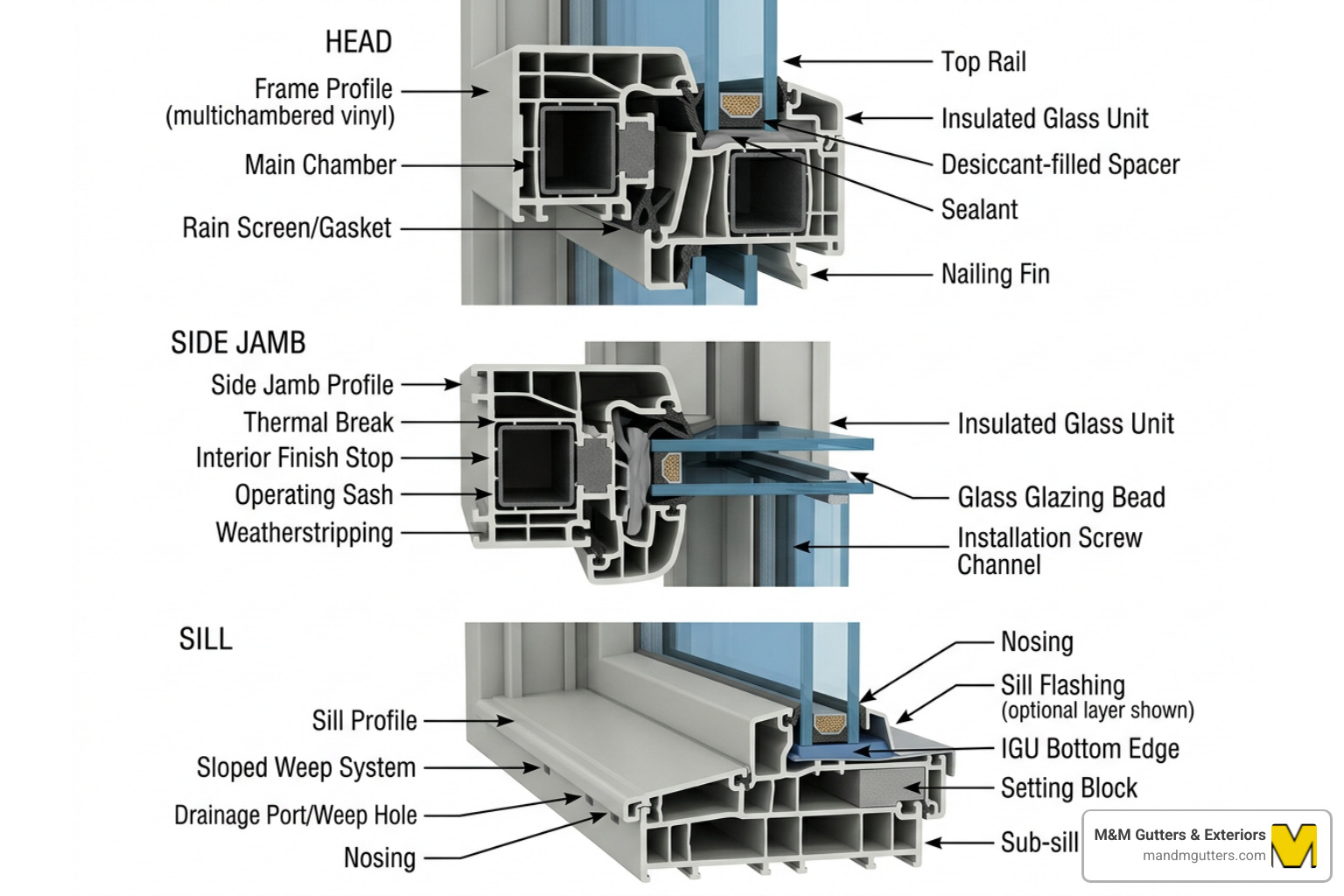 Diagram showing window frame anatomy: head, side jambs, and sill