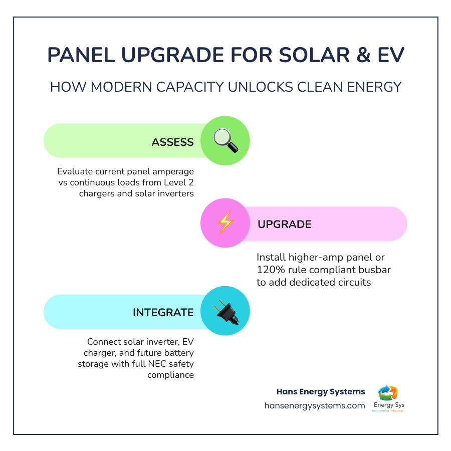 Infographic showing how a panel upgrade supports solar and EV charging capacity, NEC 120% rule, and circuit requirements Infographic showing how a panel upgrade supports solar and EV charging capacity, NEC 120% rule, and circuit requirements