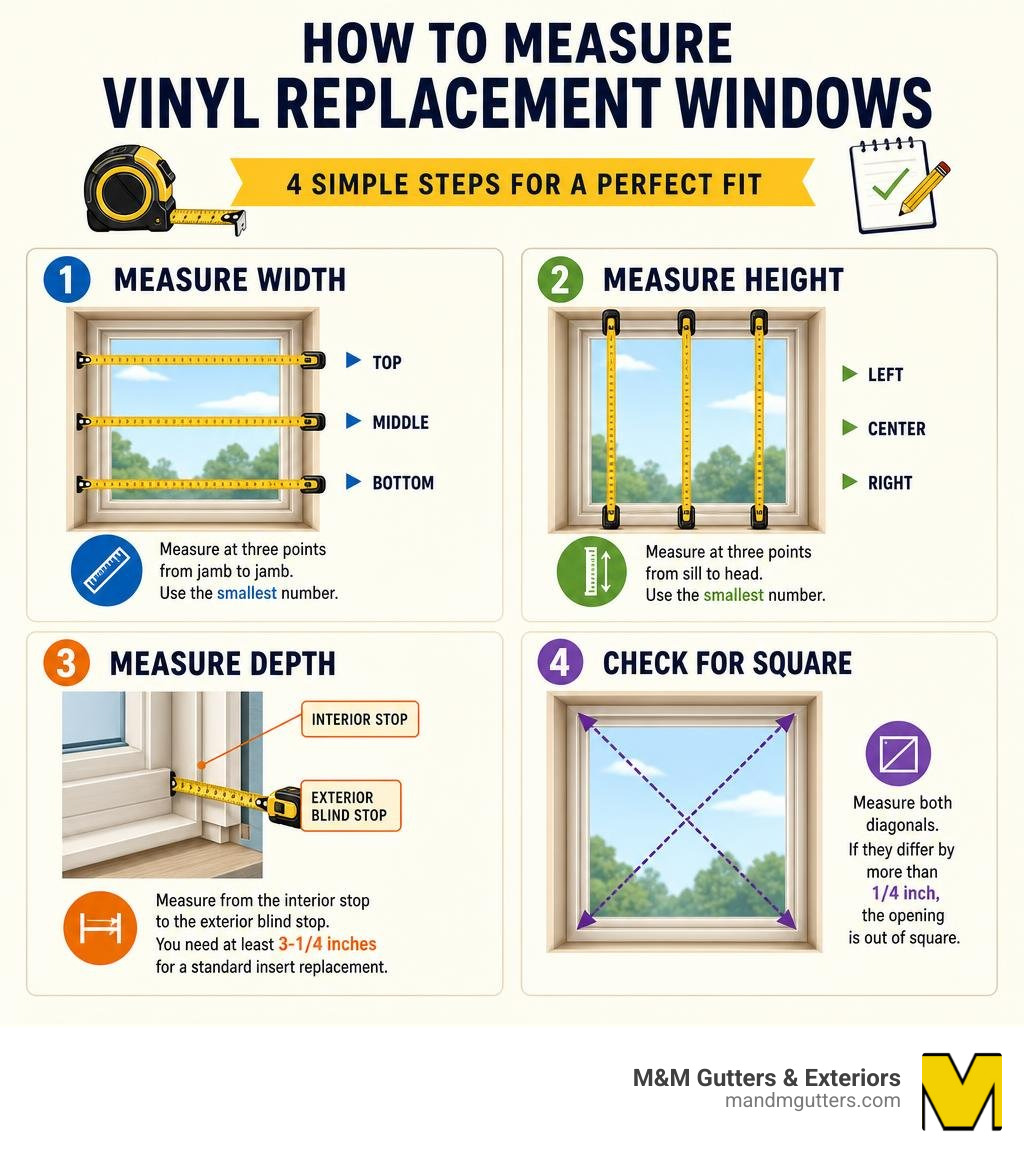 Step-by-step infographic showing how to measure vinyl replacement windows: width, height, depth, and squareness check