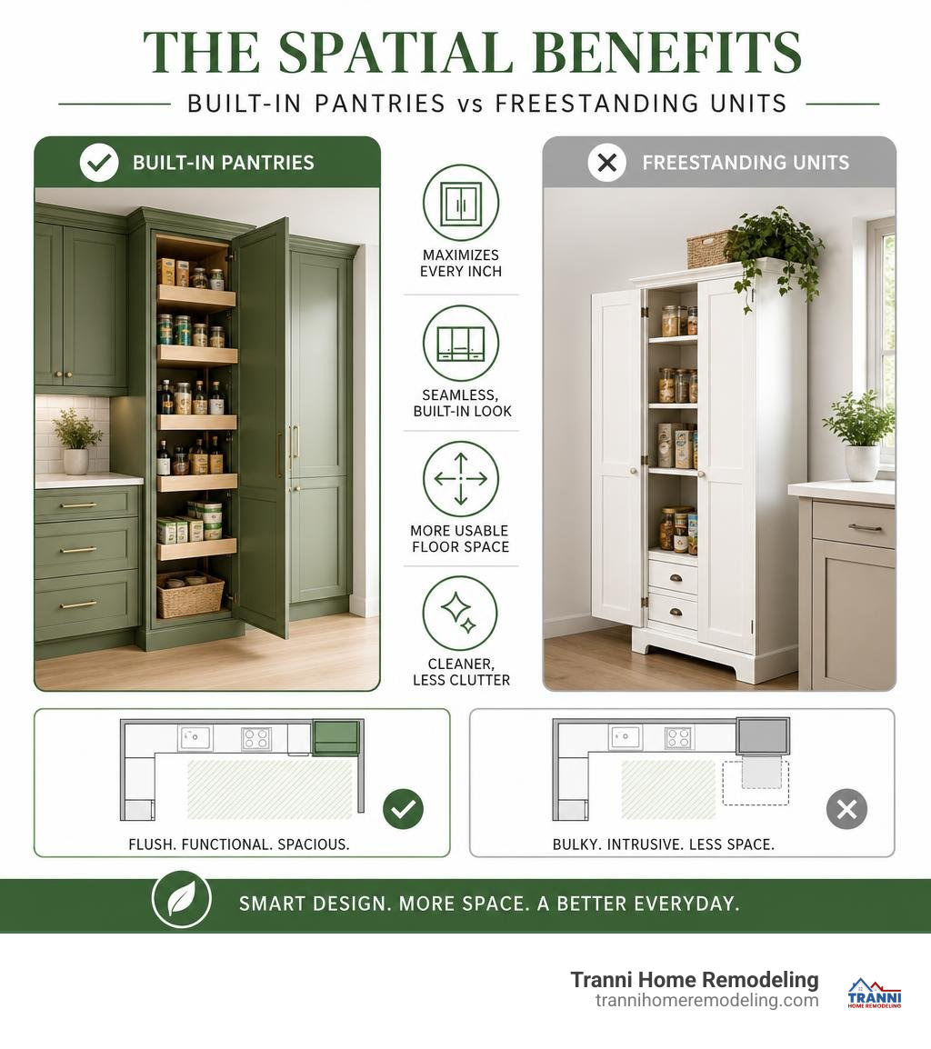 spatial benefits of built-in pantries vs freestanding units infographic
