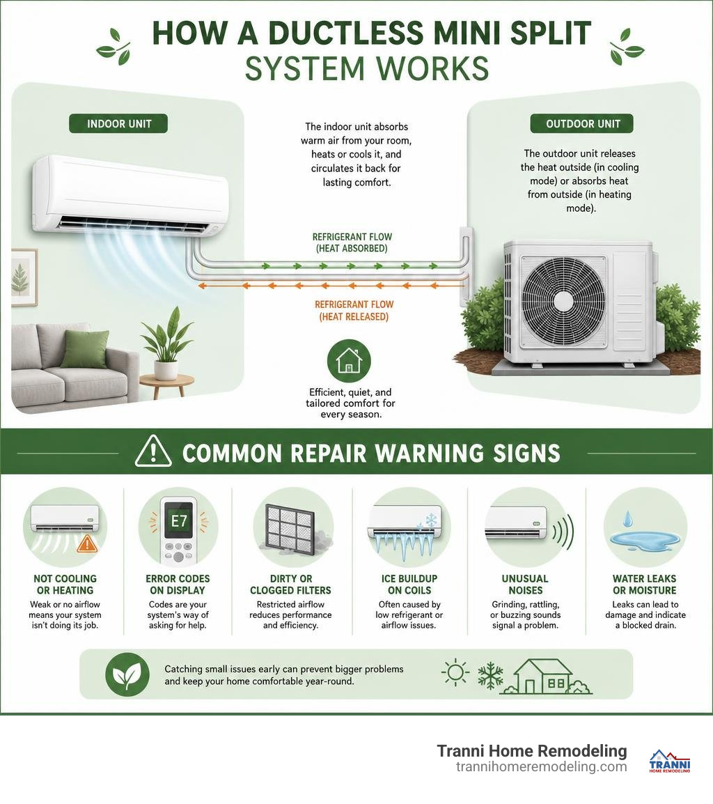 Infographic showing how a ductless mini split system works and common repair warning signs infographic