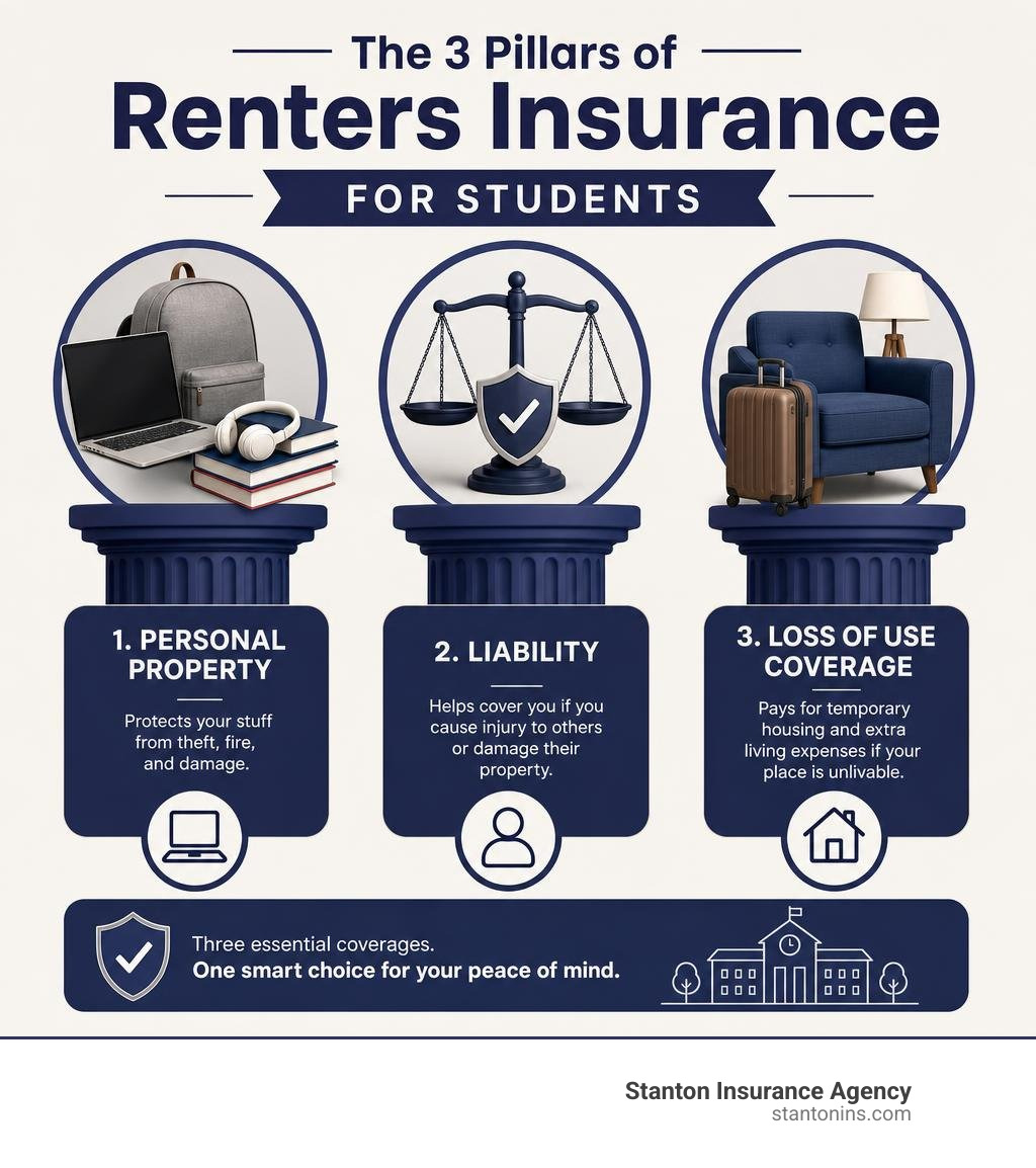Three pillars of renters insurance for students: personal property, liability, and loss of use coverage infographic