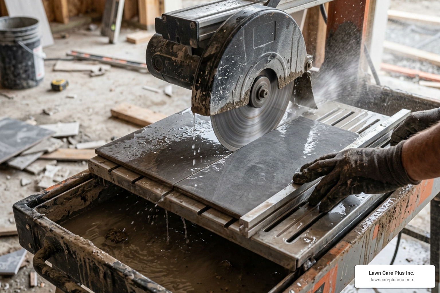 A wet saw cutting a porcelain tile A wet saw cutting a porcelain tile