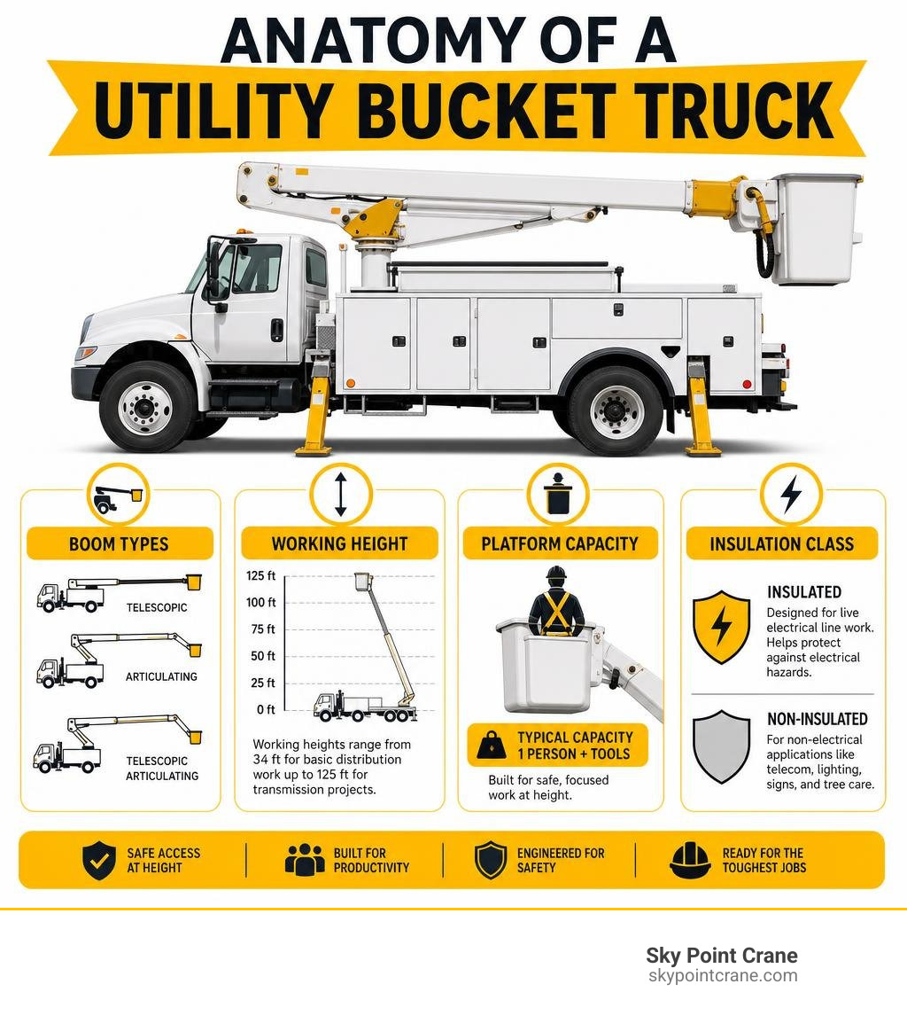Anatomy of a utility bucket truck: boom types, working height, platform capacity, insulation class infographic