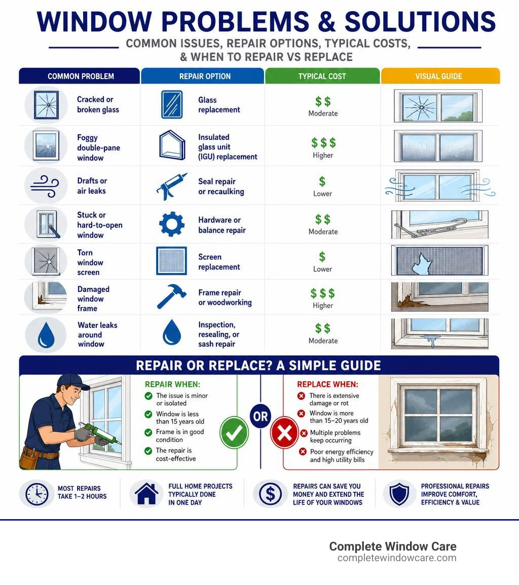 Infographic showing common window problems, repair options, typical costs, and when to repair vs replace infographic Infographic showing common window problems, repair options, typical costs, and when to repair vs replace infographic