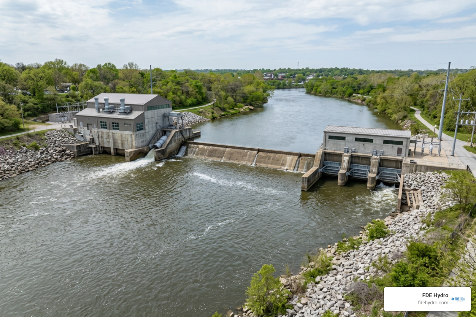 Bowersock Dam on the Kansas River in Lawrence, Kansas, demonstrating modern low-head hydroelectric retrofitting