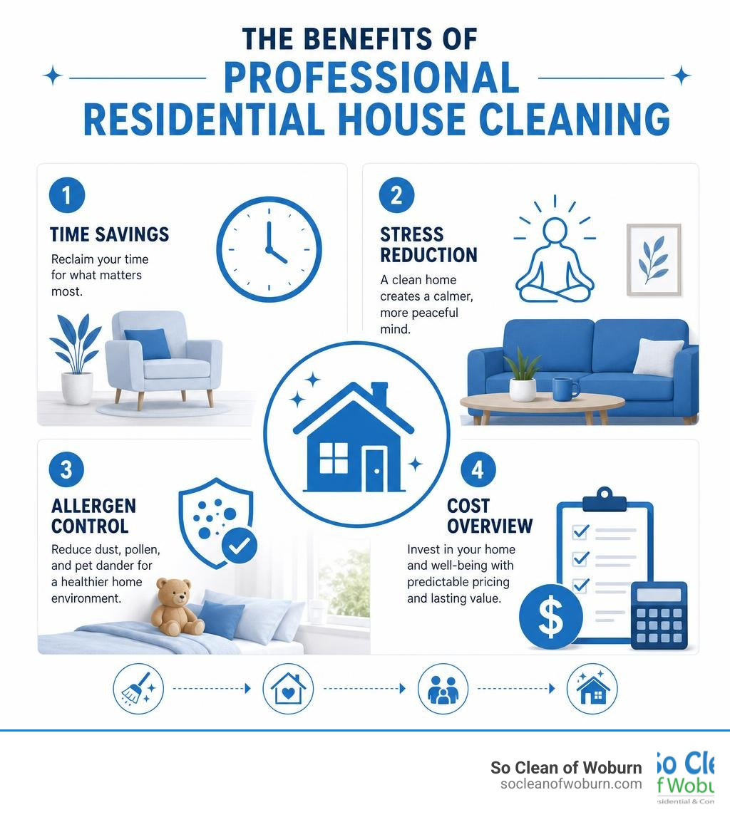 Infographic showing benefits of professional residential house cleaning: time savings, stress reduction, allergen control
