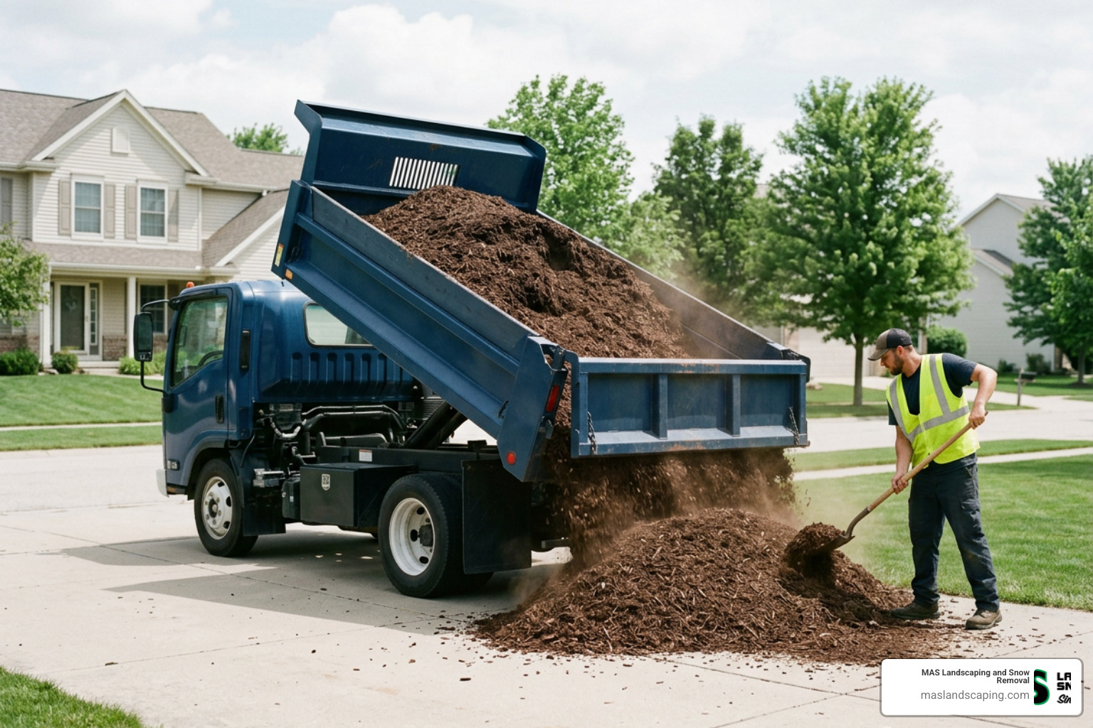 Bulk mulch delivery truck unloading in a residential driveway