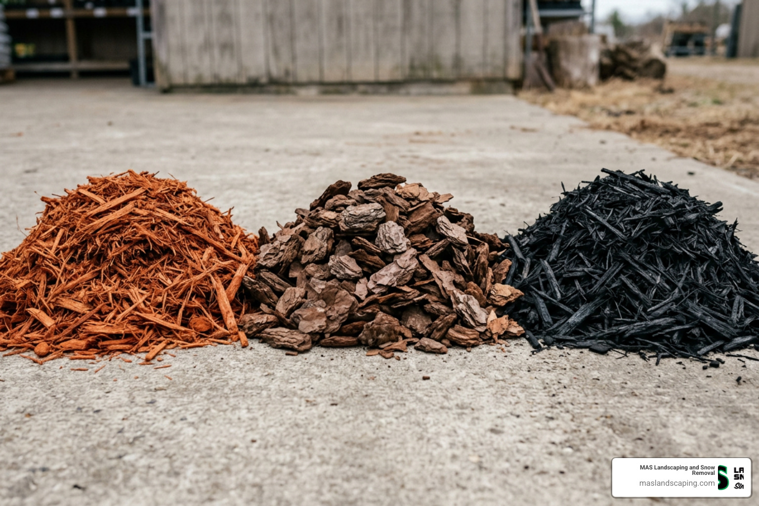 Different mulch varieties side by side including hemlock, pine bark, and dyed black mulch