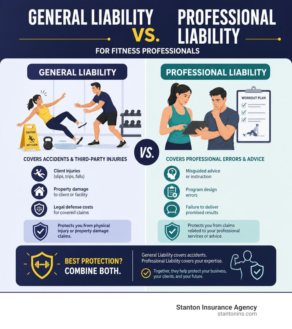 General Liability vs. Professional Liability for Fitness Professionals infographic infographic