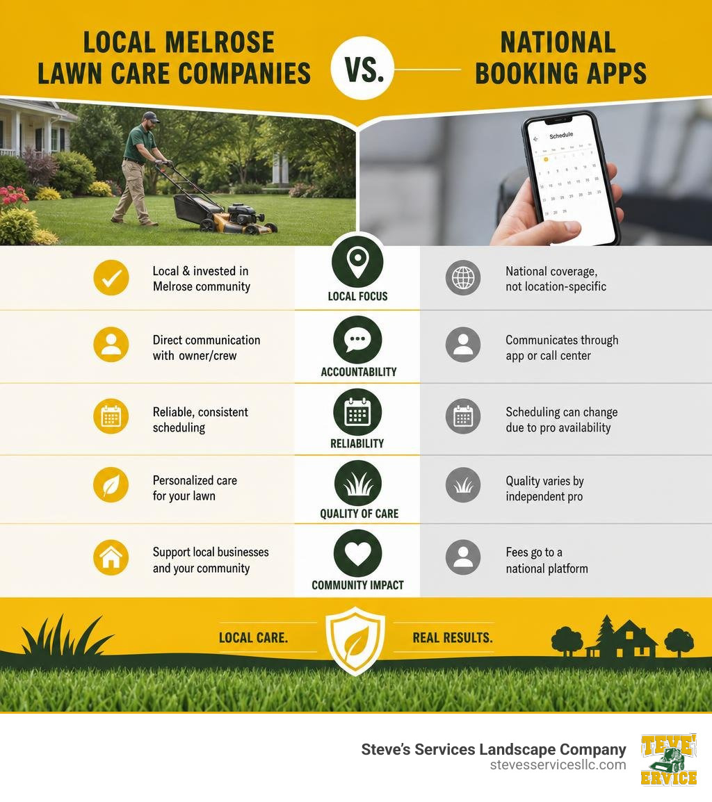 Infographic comparing local Melrose lawn care companies vs national booking apps on key factors infographic